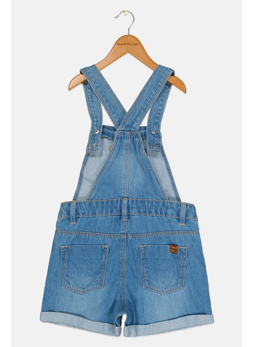 Cool Club - Kids Girl Washed Sleeveless Front Pocket Romper, Blue - Image 1