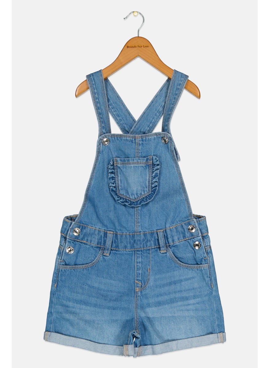 Cool Club - Kids Girl Washed Sleeveless Front Pocket Romper, Blue - Image 1