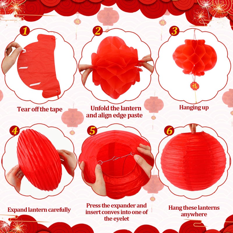 Fullhawl 21 Pcs Chinese New Year 2026 Decor Golden Fu Lantern 12 Inch Lucky Golden Fu Lantern Hanging Ornaments 10 Inch Chinese Red Paper Lanterns Folding Fans with Tassel for Home(Gold) - Image 3