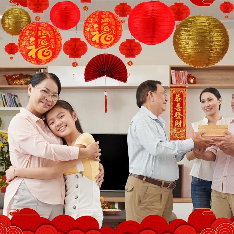 Fullhawl 21 Pcs Chinese New Year 2026 Decor Golden Fu Lantern 12 Inch Lucky Golden Fu Lantern Hanging Ornaments 10 Inch Chinese Red Paper Lanterns Folding Fans with Tassel for Home(Gold) - Image 5