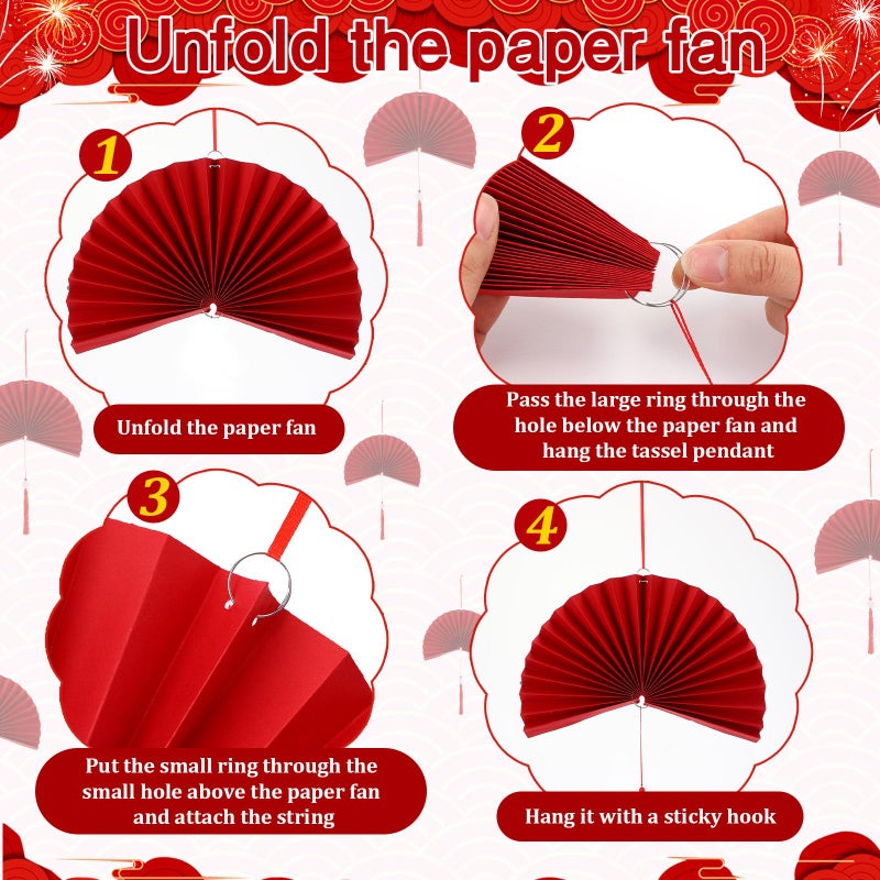 Fullhawl 21 Pcs Chinese New Year 2026 Decor Golden Fu Lantern 12 Inch Lucky Golden Fu Lantern Hanging Ornaments 10 Inch Chinese Red Paper Lanterns Folding Fans with Tassel for Home(Gold) - Image 4