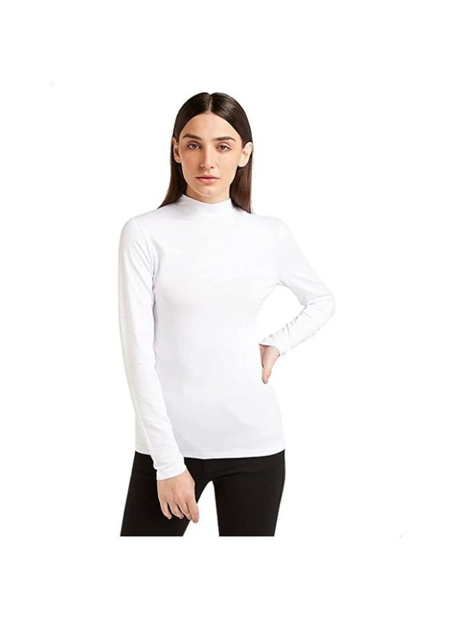 توب نسائي أبيض غامق برقبة عالية وأكمام طويلة – قطن ناعم ومريح - Image 2