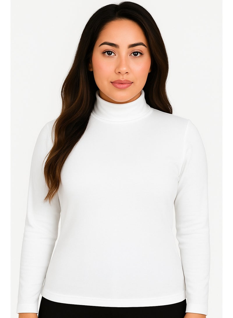 توب نسائي أبيض غامق برقبة عالية وأكمام طويلة – قطن ناعم ومريح - Image 1