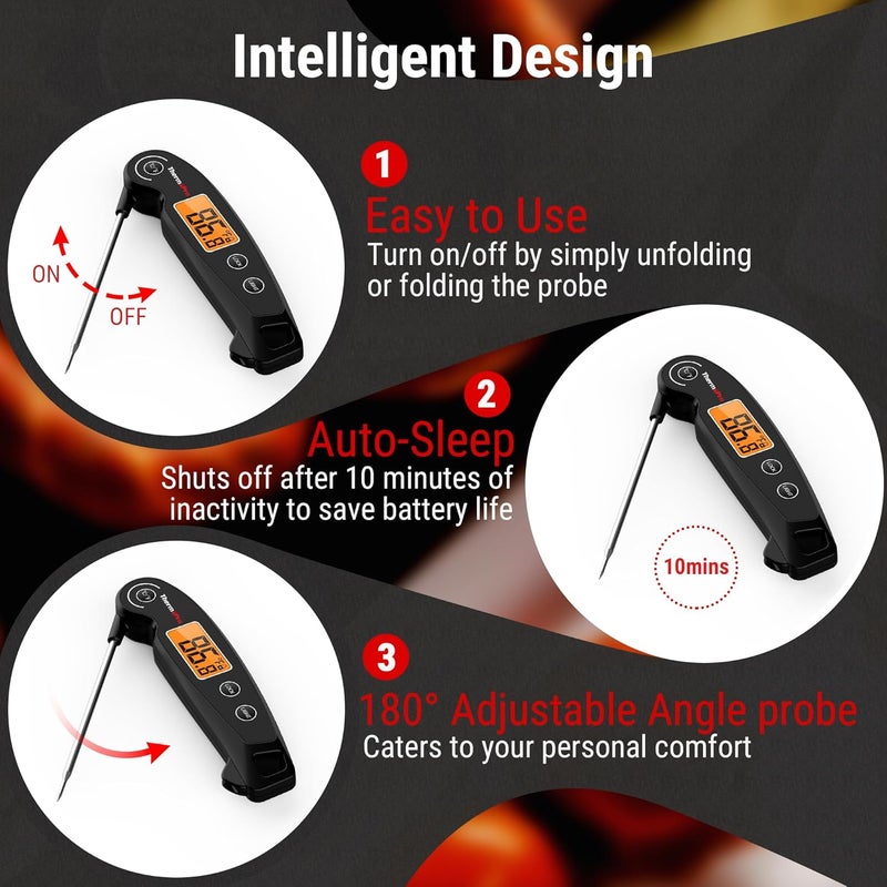 ThermoPro TP605 مقياس حرارة اللحوم الرقمي للقراءة الفورية للطهي، مقياس حرارة الطعام المقاوم للماء مع إضاءة خلفية ومعايرة، مقياس حرارة رقمي للطهي للمطبخ، الشواء في الهواء الطلق والشواء على الفحم - Image 3