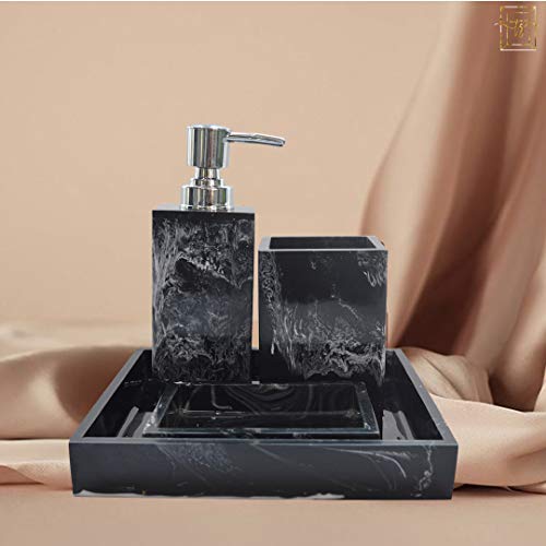 Tranquil Square Resin Bathroom Accessory Set Soap Holder, Dispenser, Tumbler and Tray Set of 4 Black and White Large Size - Image 1