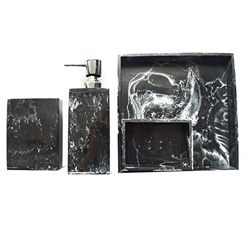 Tranquil Square Resin Bathroom Accessory Set Soap Holder, Dispenser, Tumbler and Tray Set of 4 Black and White Large Size - Image 3