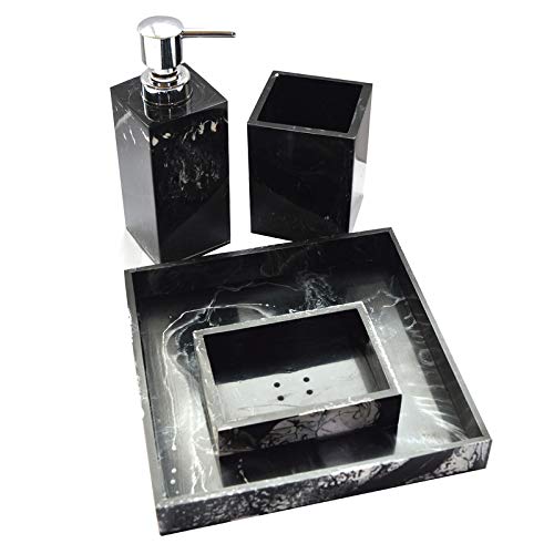Tranquil Square Resin Bathroom Accessory Set Soap Holder, Dispenser, Tumbler and Tray Set of 4 Black and White Large Size - Image 2