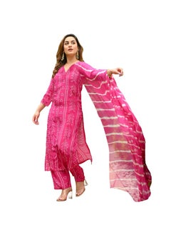 آني ديزاينر كورتا حريمي من مزيج رايون من ANNI DESIGNER مطبوعة بباندهيج مع بنطال ووشاح (Baghira Pink_XL_Pink_X-Large)  - Image 1