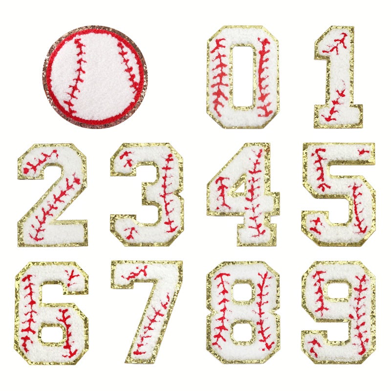 Zecamin Number Iron on Patches 11 PCS Sew on Chenille Patches Embroidered Gold Baseball Style Patch Decorative 09 Numbers Badge Decorate Repair Patches or Clothing Hat Shirt Bag Jeans