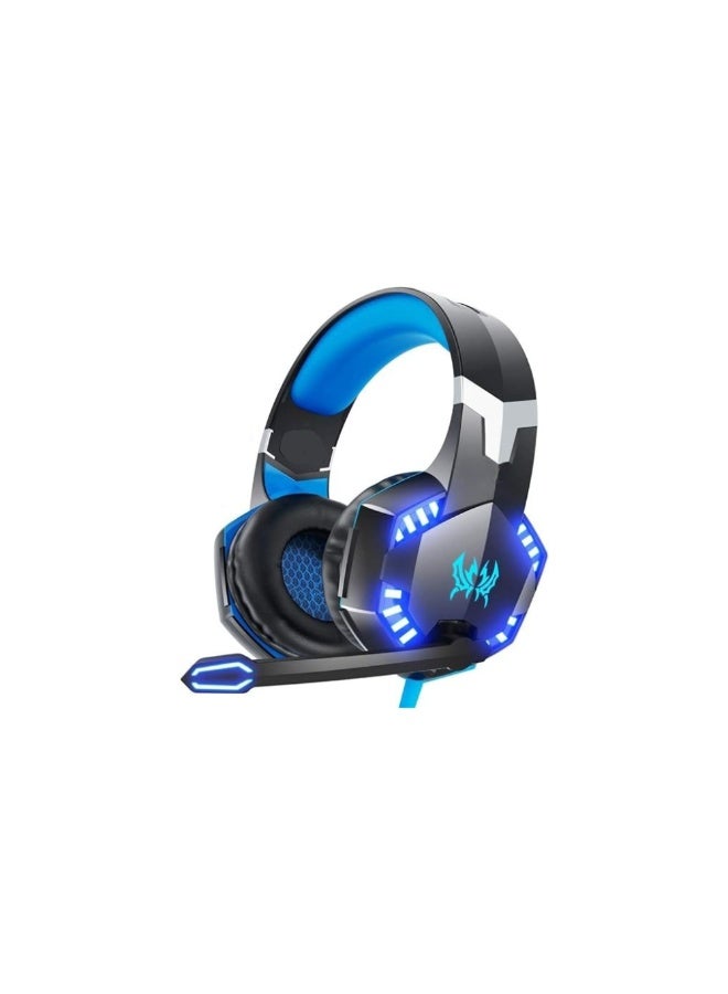 Gaming Headset with Noise Cancellation, LED Lights, Surround Sound, and Mic – Wired, Over-Ear, Blue for Laptop