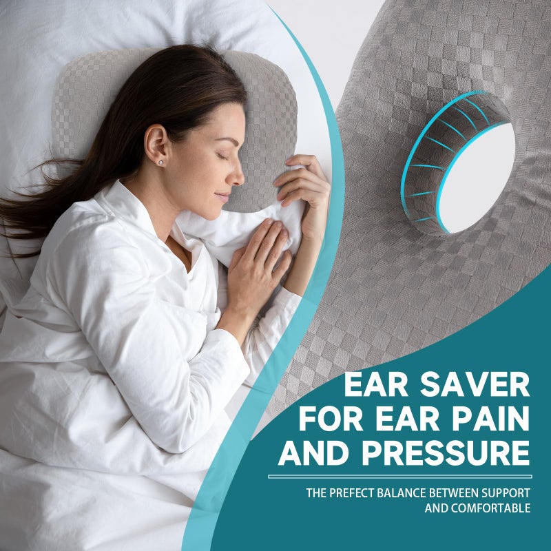 Wuronsa Ear Piercing Pillow with an Ear Hole, Cotton and Polyester Side Sleeping Pillow for CNH and Ear Pain Ear Inflammation Pressure Sores for Side Sleepers, Ear Guard Pillow (Light Grey) - Image 2