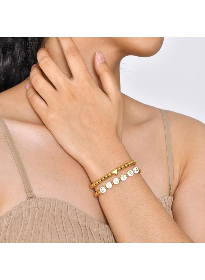 Trendy Gold Bracelets for Women : 2 Pcs 14k Gold Plated Stainless Steel Beaded Heart Mom/Daughter/Nana/ Mama/Sister Stacking Stretch Bracelets Jewelry Love Gifts for Mother's Day Graduation Birthday - Image 2