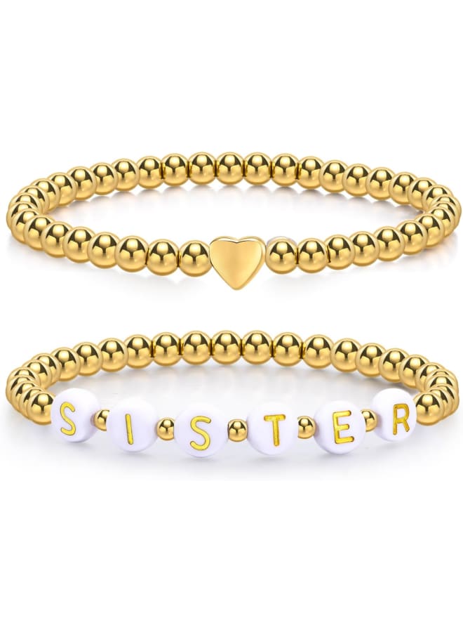 Trendy Gold Bracelets for Women : 2 Pcs 14k Gold Plated Stainless Steel Beaded Heart Mom/Daughter/Nana/ Mama/Sister Stacking Stretch Bracelets Jewelry Love Gifts for Mother's Day Graduation Birthday - Image 1