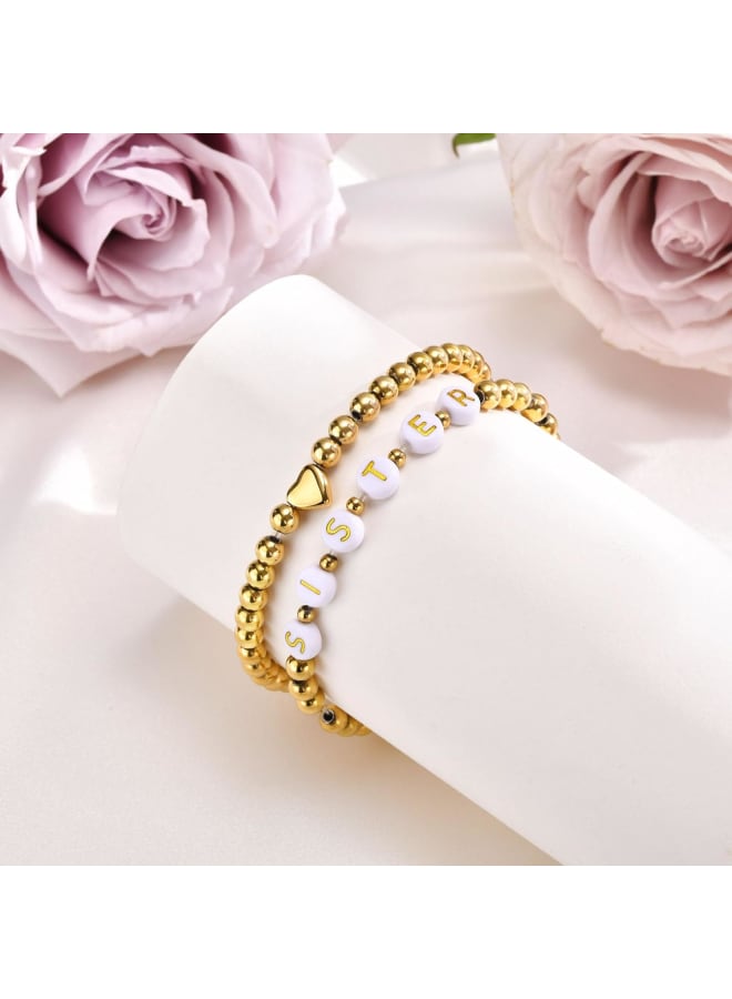 Trendy Gold Bracelets for Women : 2 Pcs 14k Gold Plated Stainless Steel Beaded Heart Mom/Daughter/Nana/ Mama/Sister Stacking Stretch Bracelets Jewelry Love Gifts for Mother's Day Graduation Birthday - Image 4