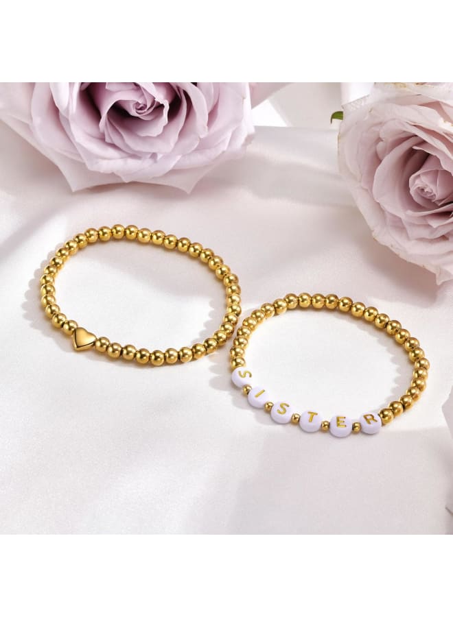 Trendy Gold Bracelets for Women : 2 Pcs 14k Gold Plated Stainless Steel Beaded Heart Mom/Daughter/Nana/ Mama/Sister Stacking Stretch Bracelets Jewelry Love Gifts for Mother's Day Graduation Birthday - Image 5