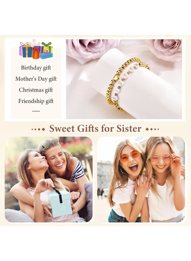 Trendy Gold Bracelets for Women : 2 Pcs 14k Gold Plated Stainless Steel Beaded Heart Mom/Daughter/Nana/ Mama/Sister Stacking Stretch Bracelets Jewelry Love Gifts for Mother's Day Graduation Birthday - Image 3