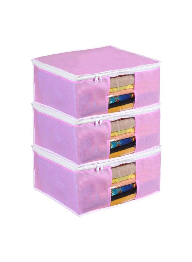 PrettyKrafts Prettykrafts Set of 3 Non Woven Foldable Saree Cover/Cloth Storage Bag/Wardrobe Organizer with Zip & Transparent Window For Lehenga, Shirts, Salwar Suits, Dress & Accessories (Pink, 40 x 35 x 19.5cm)  - Image 1
