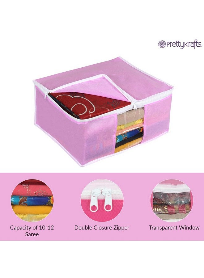PrettyKrafts Prettykrafts Set of 3 Non Woven Foldable Saree Cover/Cloth Storage Bag/Wardrobe Organizer with Zip & Transparent Window For Lehenga, Shirts, Salwar Suits, Dress & Accessories (Pink, 40 x 35 x 19.5cm)  - Image 4