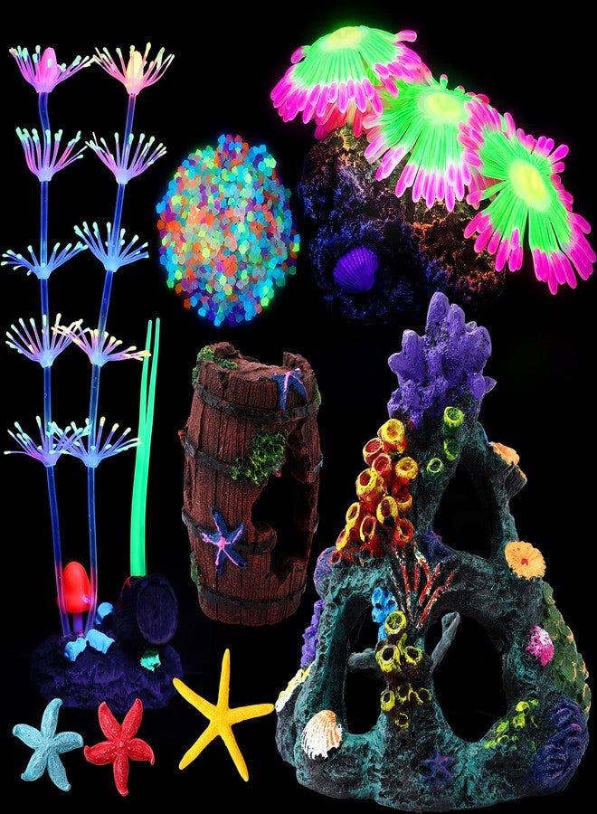 BrightRow 8 Pcs Aquarium Decorations Large Fish Tank Decorations Colorful Coral Reef Broken Barrel Decor Glowing Artificial Plants Ornament Resin Starfish Rainbow Glow in the Dark Fish Tank Gravel - Image 1