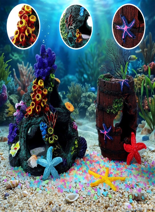 BrightRow 8 Pcs Aquarium Decorations Large Fish Tank Decorations Colorful Coral Reef Broken Barrel Decor Glowing Artificial Plants Ornament Resin Starfish Rainbow Glow in the Dark Fish Tank Gravel - Image 5