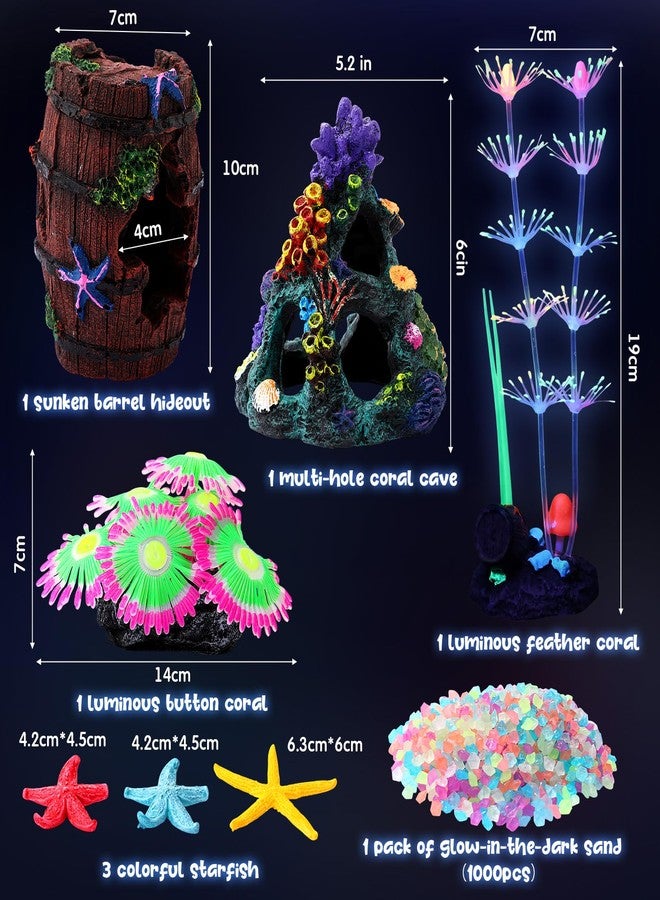 BrightRow 8 Pcs Aquarium Decorations Large Fish Tank Decorations Colorful Coral Reef Broken Barrel Decor Glowing Artificial Plants Ornament Resin Starfish Rainbow Glow in the Dark Fish Tank Gravel - Image 2