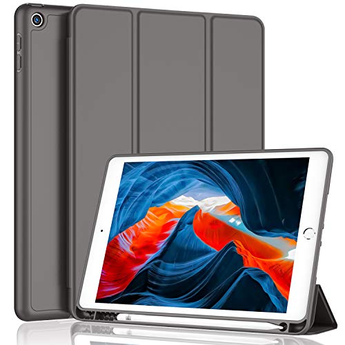 iMieet iPad 9th Generation Case 2021/iPad 8th Generation Case 2020 10.2 Inch with Pencil Holder, iPad 7th Gen 2019 Case with Soft Baby Skin Silicone Back, Auto Wake/Sleep Cover (Dark Gray) - Image 1