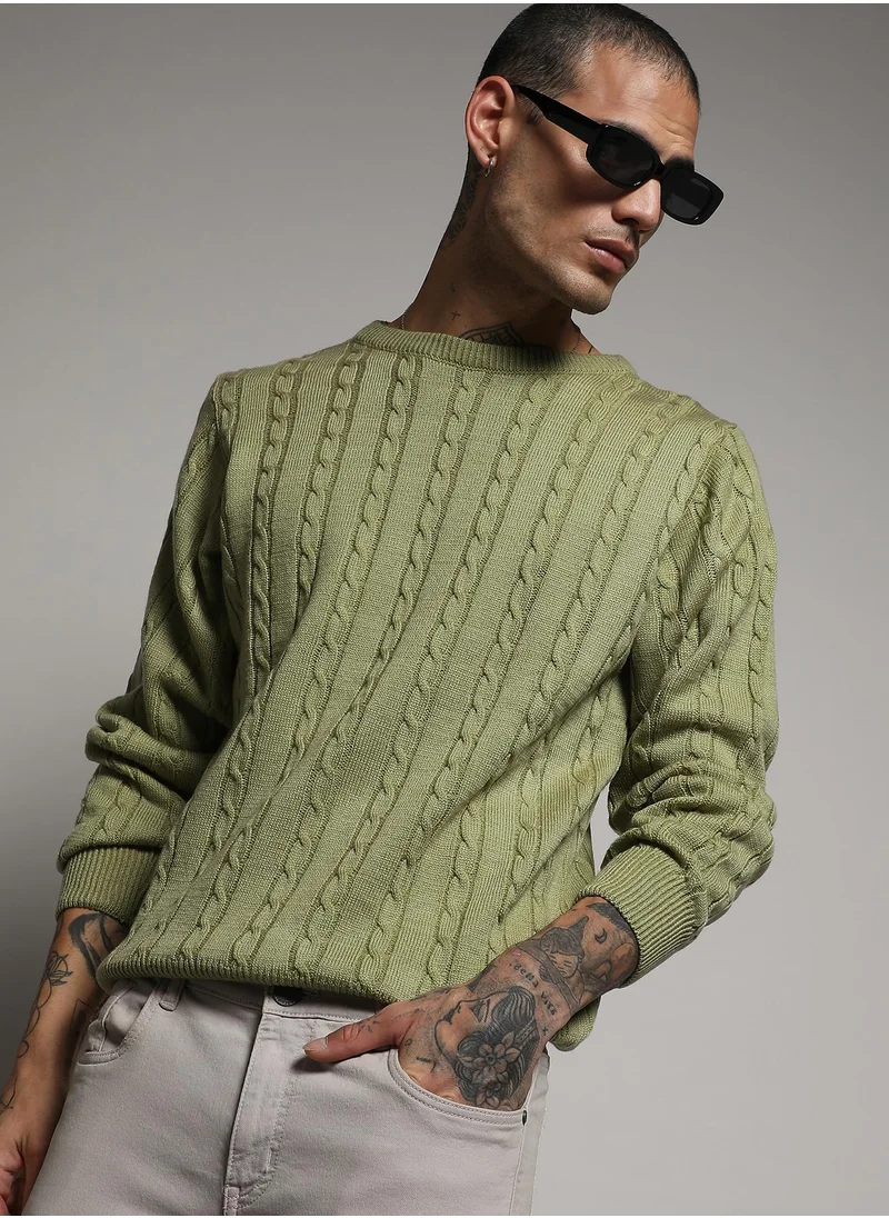 Campus Sutra Men's Olive Green Cable Knit Sweater