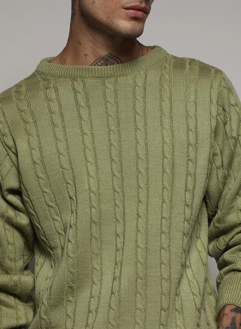 Campus Sutra Men's Olive Green Cable Knit Sweater