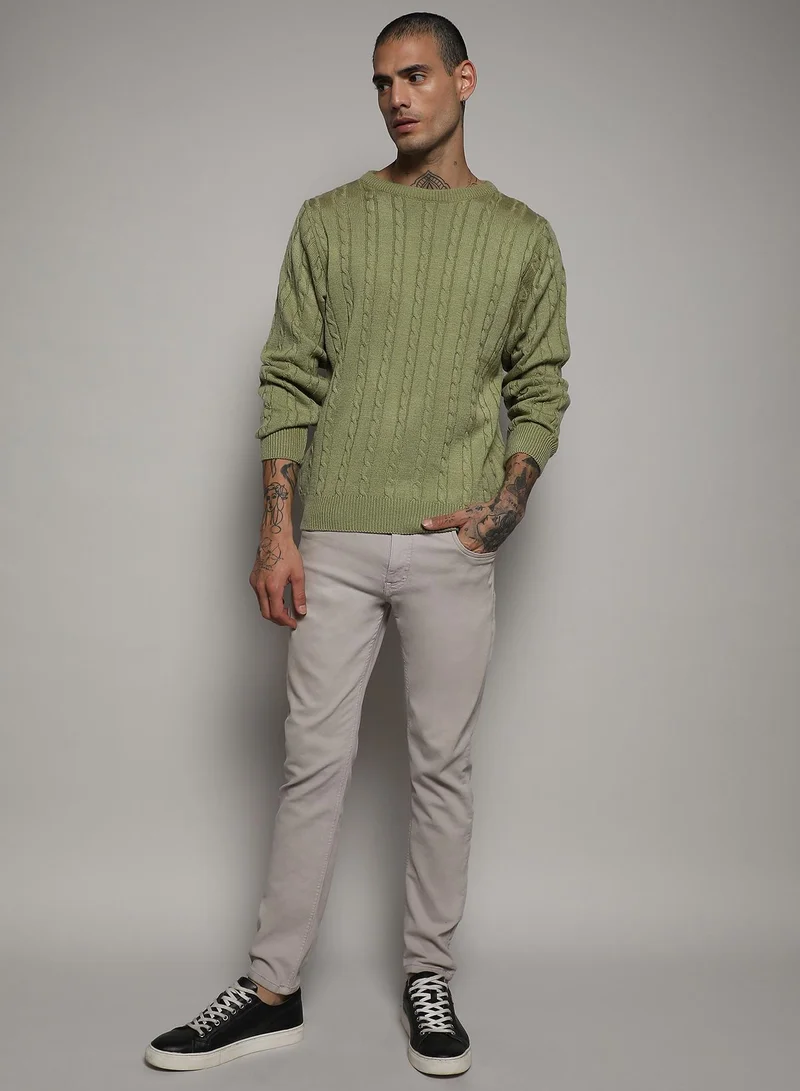 Campus Sutra Men's Olive Green Cable Knit Sweater