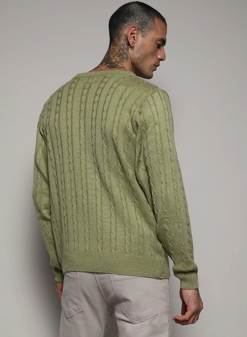 Campus Sutra Men's Olive Green Cable Knit Sweater