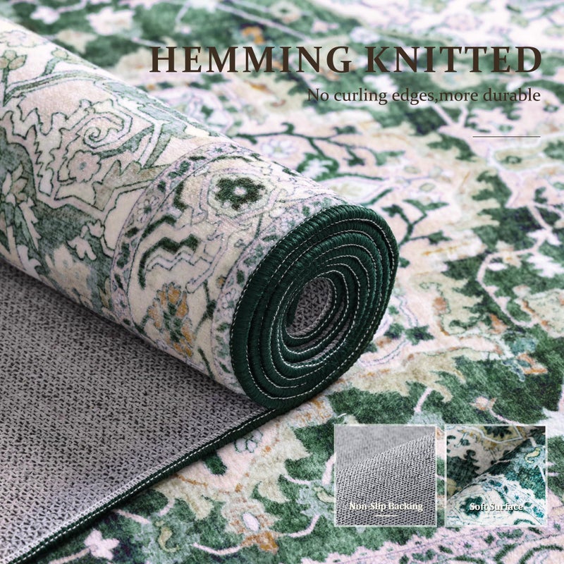 Deerly Green Large Washable Area Rug 8x10 for Living Room Bedroom Boho Vintage Rug for Dining Room Non-Slip Soft Low-Pile Thin, Green/Multi - Image 4