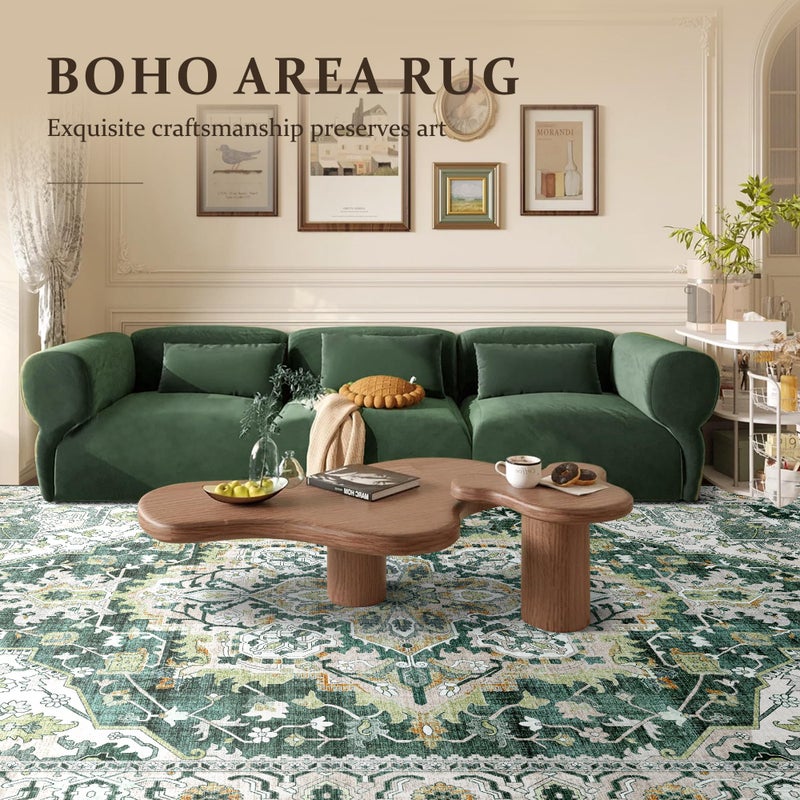 Deerly Green Large Washable Area Rug 8x10 for Living Room Bedroom Boho Vintage Rug for Dining Room Non-Slip Soft Low-Pile Thin, Green/Multi - Image 2