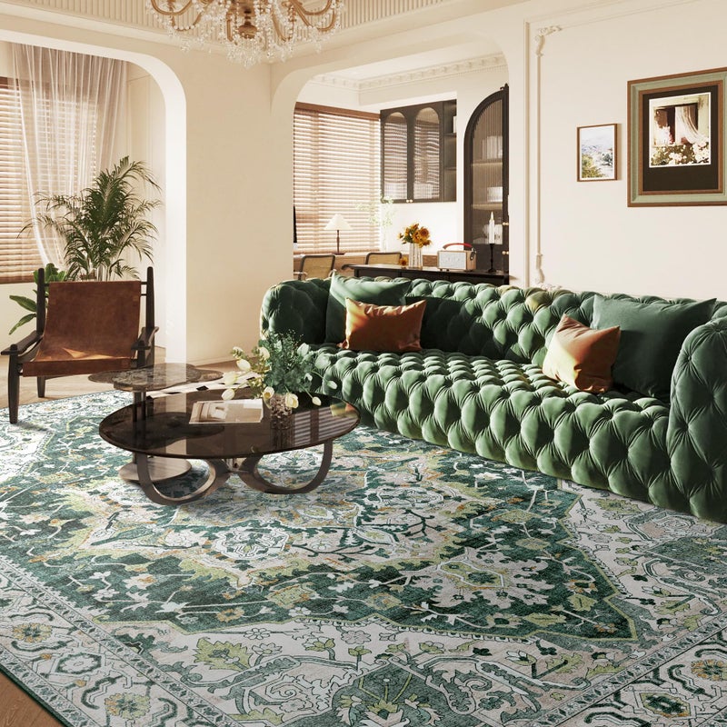 Deerly Green Large Washable Area Rug 8x10 for Living Room Bedroom Boho Vintage Rug for Dining Room Non-Slip Soft Low-Pile Thin, Green/Multi - Image 1