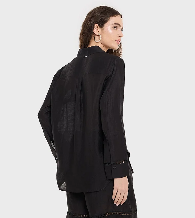 بي سي بي جي BCBG Slub Solid Front Open Shirt