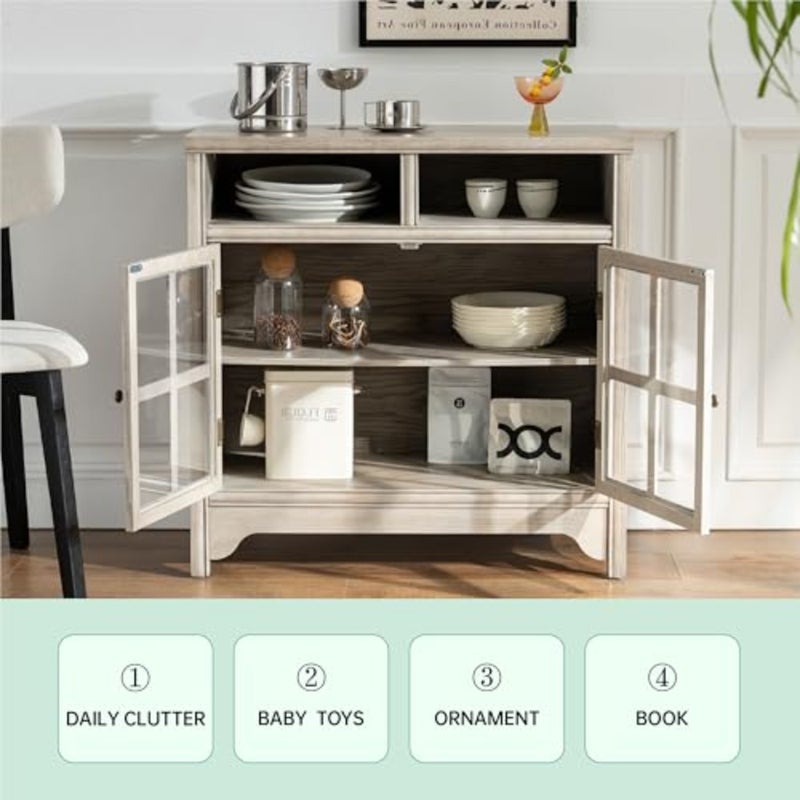 Farmhouse dining room sideboard cabinet: solid wood construction, gray finish, 80cm width, 2-door storage design for kitchen, coffee bar, or buffet use - Image 4