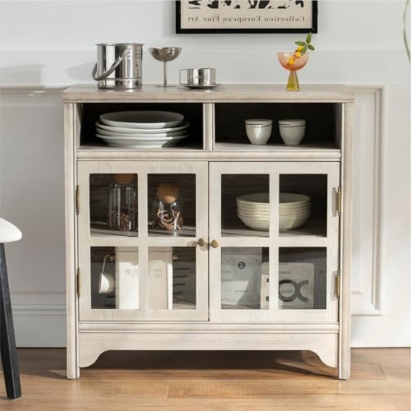 Farmhouse dining room sideboard cabinet: solid wood construction, gray finish, 80cm width, 2-door storage design for kitchen, coffee bar, or buffet use - Image 1