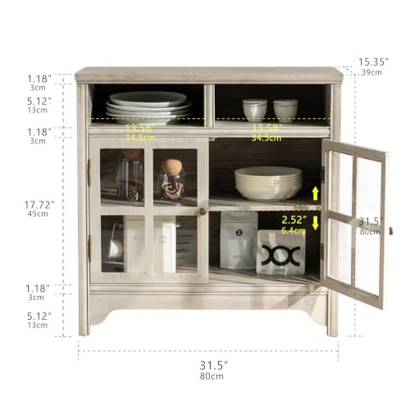 Farmhouse dining room sideboard cabinet: solid wood construction, gray finish, 80cm width, 2-door storage design for kitchen, coffee bar, or buffet use - Image 2