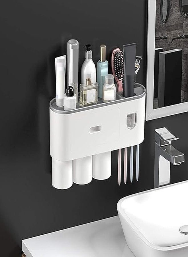 XIBO Oenen 3Cup Toothbrush Holder for Bathroom, Toothpaste Holder and Dispenser, Wall Mounted Toothbrush Cup Holder with Brush Sink, Cup, Cosmetic Drawer and Storage Tray White, Magnetic Cup Design. - Image 1