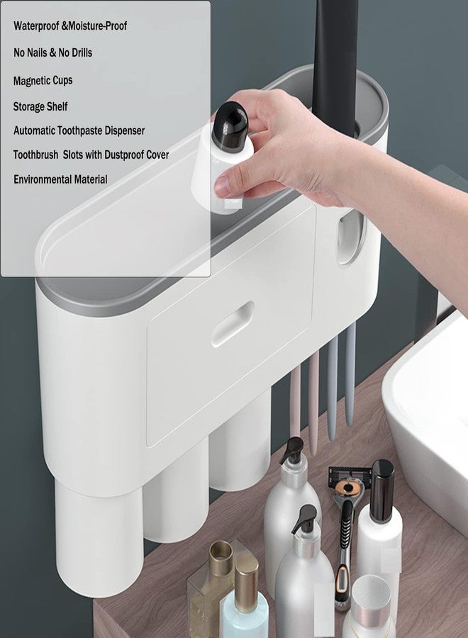 XIBO Oenen 3Cup Toothbrush Holder for Bathroom, Toothpaste Holder and Dispenser, Wall Mounted Toothbrush Cup Holder with Brush Sink, Cup, Cosmetic Drawer and Storage Tray White, Magnetic Cup Design. - Image 2