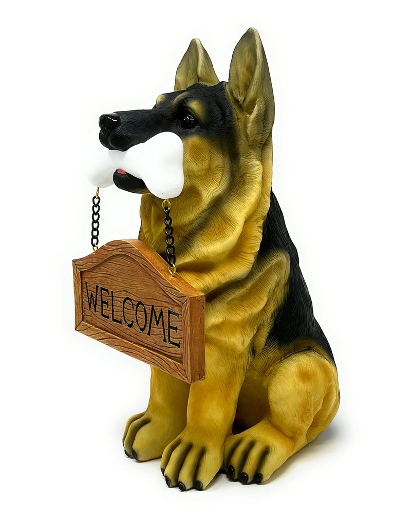 Nature's Mark German Sheperd Dog Puppy Statue with Reversible Welcome Sign and Go Away Sign Resin Garden Decor 12" H - Image 1