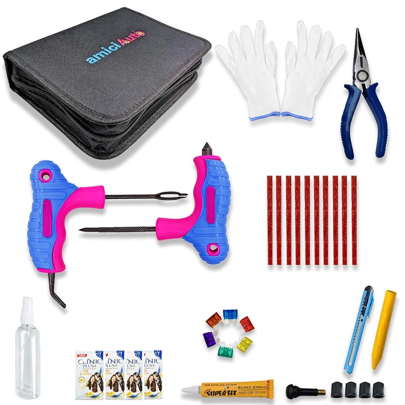 AmiciAuto Universal Tubeless Tyre Puncture Repair Kit with 2 in 1 Reamer Tool for Tubeless Tyre with Premium Storage Bag for Car, Bike, SUV, & Motorcycle - Image 1