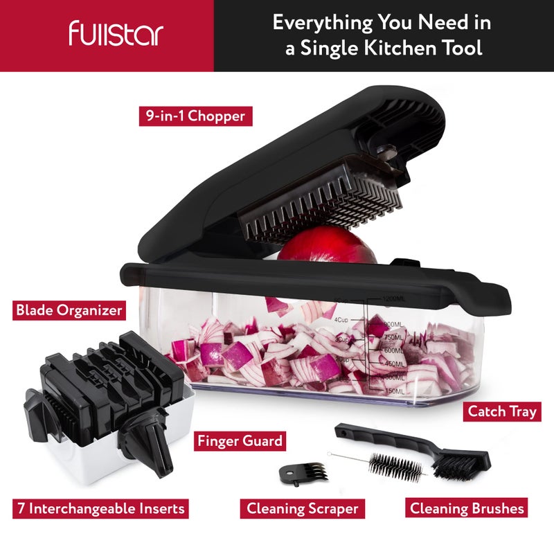Fullstar مفرمة الخضار فولستار - مفرمة الطعام - مفرمة البصل - قاطع الخضار ومقشر - مفرمة الخضار مع حاوية - أدوات المطبخ - أساسيات المنزل - ملحقات المطبخ (9 في 1، أسود) - Image 3
