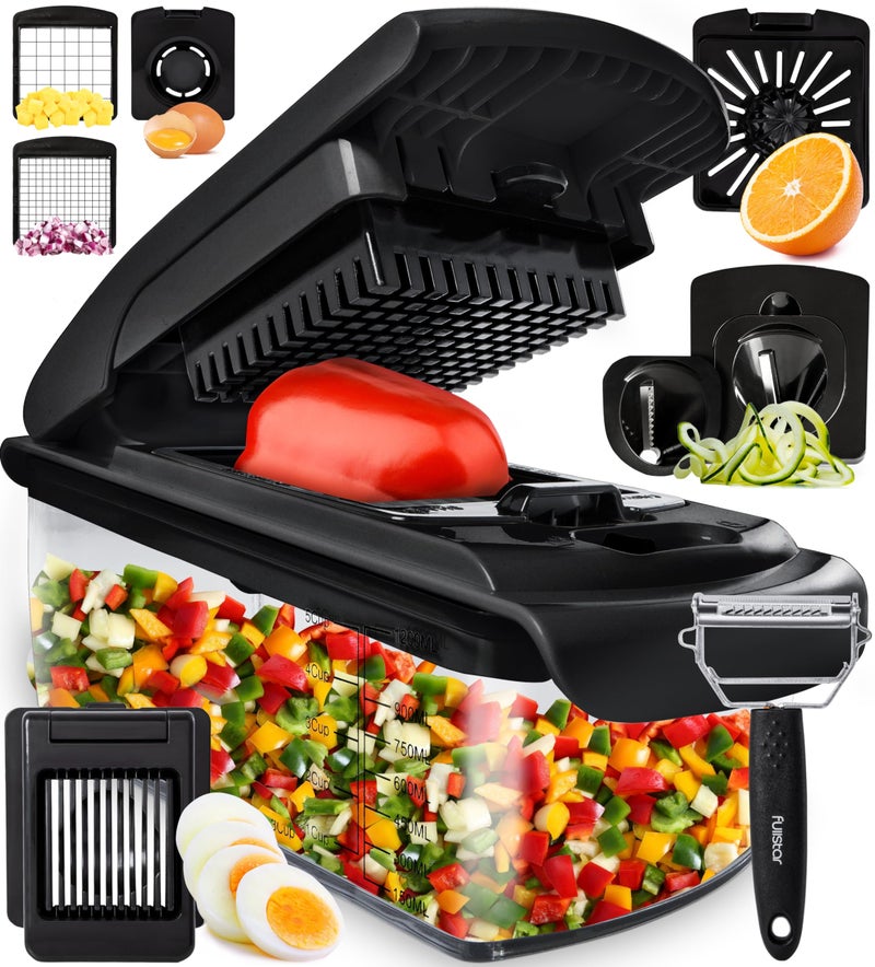 Fullstar مفرمة الخضار فولستار - مفرمة الطعام - مفرمة البصل - قاطع الخضار ومقشر - مفرمة الخضار مع حاوية - أدوات المطبخ - أساسيات المنزل - ملحقات المطبخ (9 في 1، أسود) - Image 1