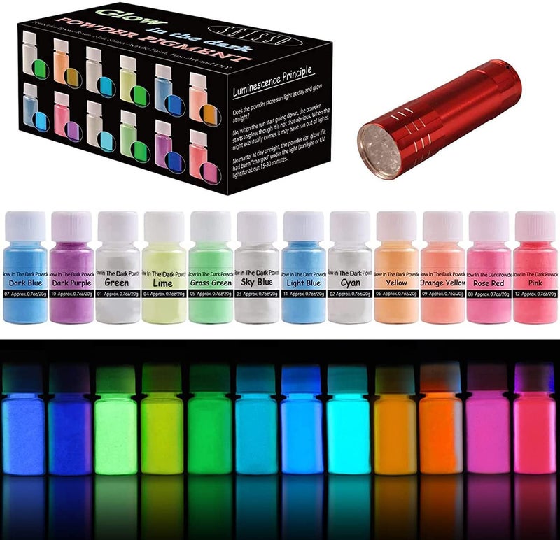 SEISSO Glow in the Dark Pigment Powder, 12 Color 0.7oz/20g Epoxy Resin Luminous Powder Set for Resin Art, Nail Art, Acrylic Paint and DIY Crafts, Gift for Birthday Christmas Halloween Party - Image 1