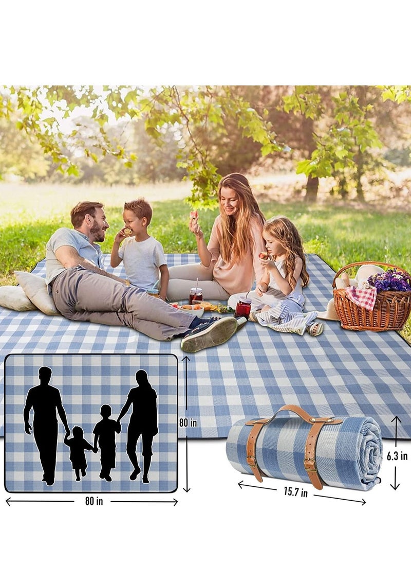 MIXDE Large 79''x79'' Waterproof Picnic Blanket - 3 Layered Foldable Outdoor Picnic Mat Perfect for Park and Beach, Grass/Water Resistant - Beach Blanket/Picnic Blankets (Blue&White)  - Image 3