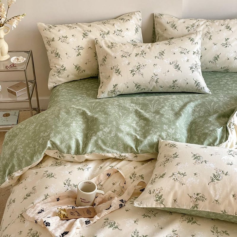 Nayoroom Vintage Floral Duvet Cover Queen Size 100% Cotton Beige Green Botanical Flower Spring Cottagecore Bedding Set 3 Pieces Soft Breathable Reversible Comforter Cover with Zipper Closure - Image 1
