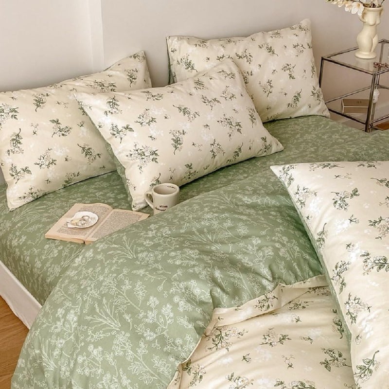Nayoroom Vintage Floral Duvet Cover Queen Size 100% Cotton Beige Green Botanical Flower Spring Cottagecore Bedding Set 3 Pieces Soft Breathable Reversible Comforter Cover with Zipper Closure - Image 2