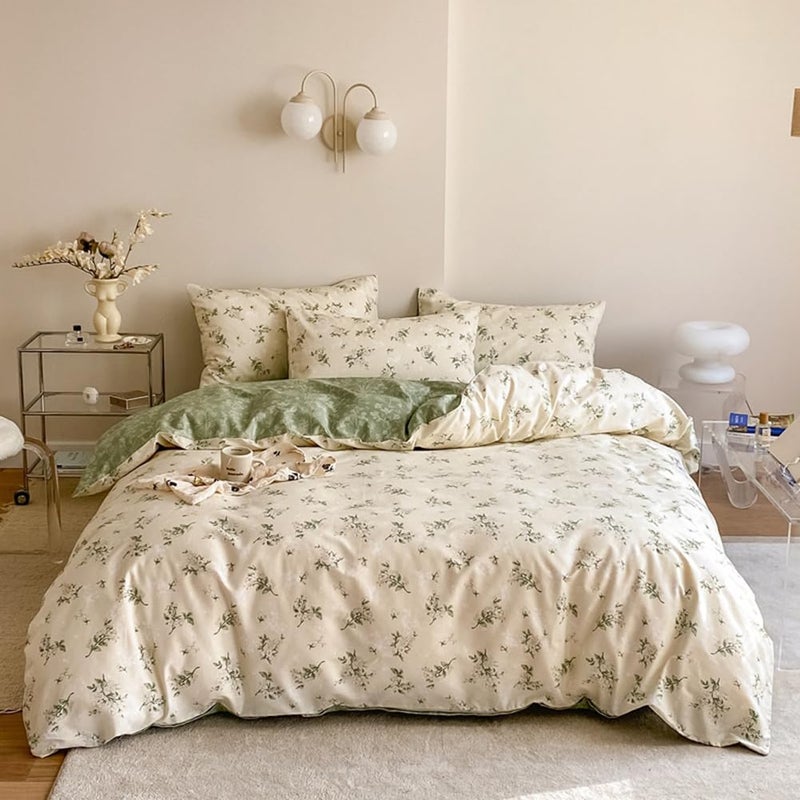 Nayoroom Vintage Floral Duvet Cover Queen Size 100% Cotton Beige Green Botanical Flower Spring Cottagecore Bedding Set 3 Pieces Soft Breathable Reversible Comforter Cover with Zipper Closure - Image 4