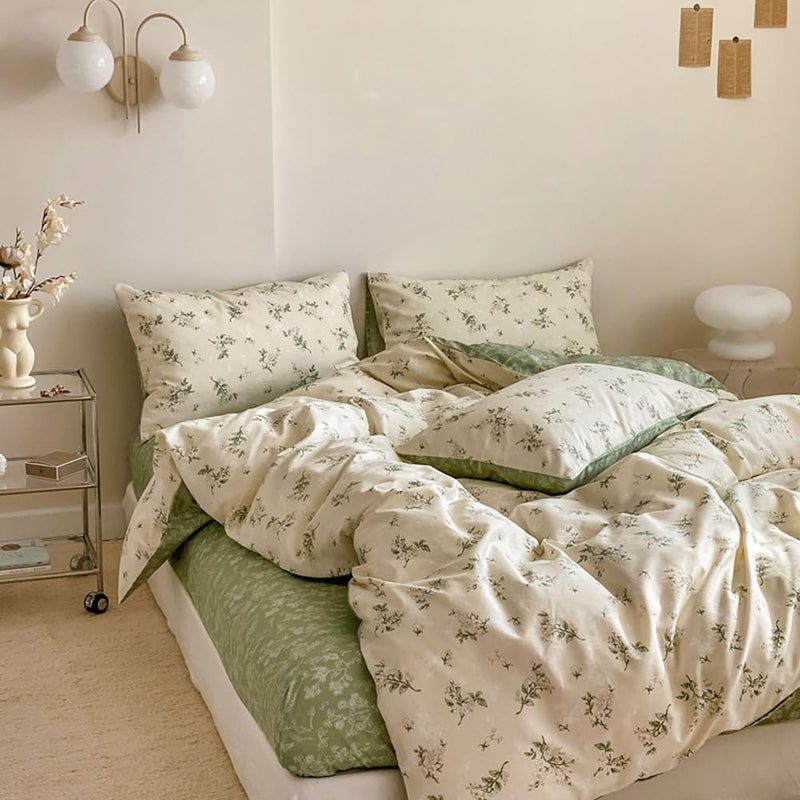 Nayoroom Vintage Floral Duvet Cover Queen Size 100% Cotton Beige Green Botanical Flower Spring Cottagecore Bedding Set 3 Pieces Soft Breathable Reversible Comforter Cover with Zipper Closure - Image 3