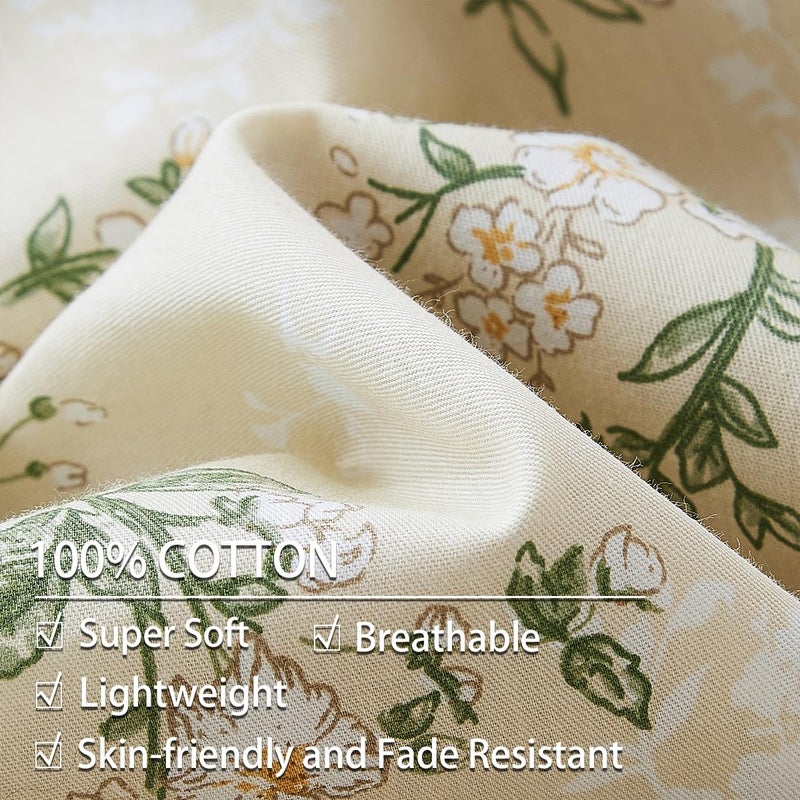 Nayoroom Vintage Floral Duvet Cover Queen Size 100% Cotton Beige Green Botanical Flower Spring Cottagecore Bedding Set 3 Pieces Soft Breathable Reversible Comforter Cover with Zipper Closure - Image 5